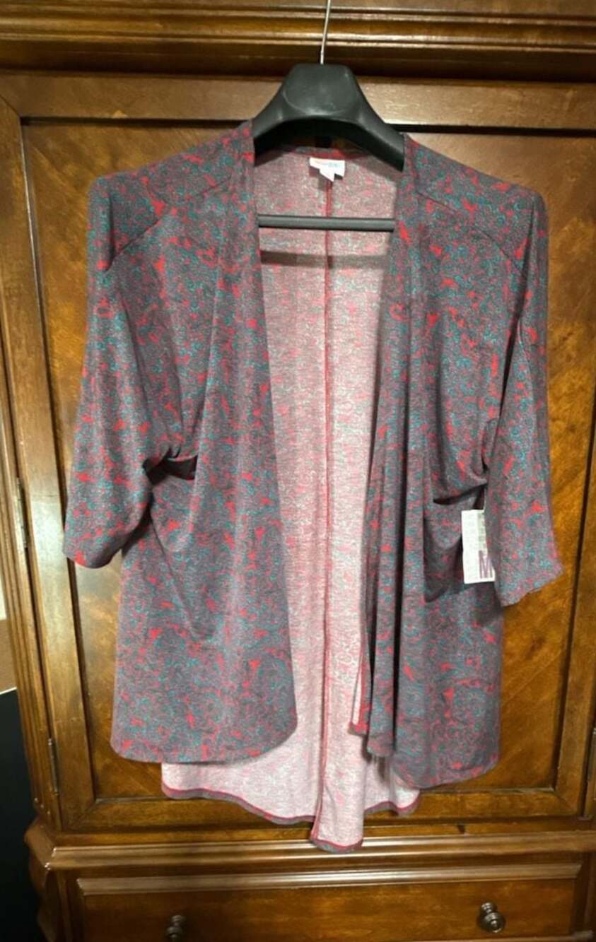 LuLaRoe Lindsay Cardigan Red Teal Paisley 3/4 Sleeve Kimono Size M